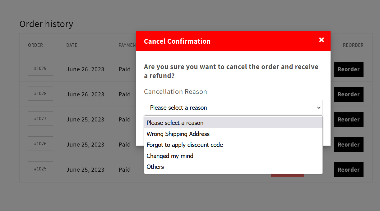 Cancel Order Popup