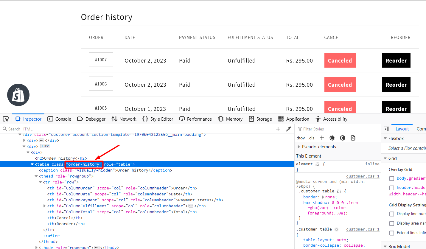 Order Table Selector